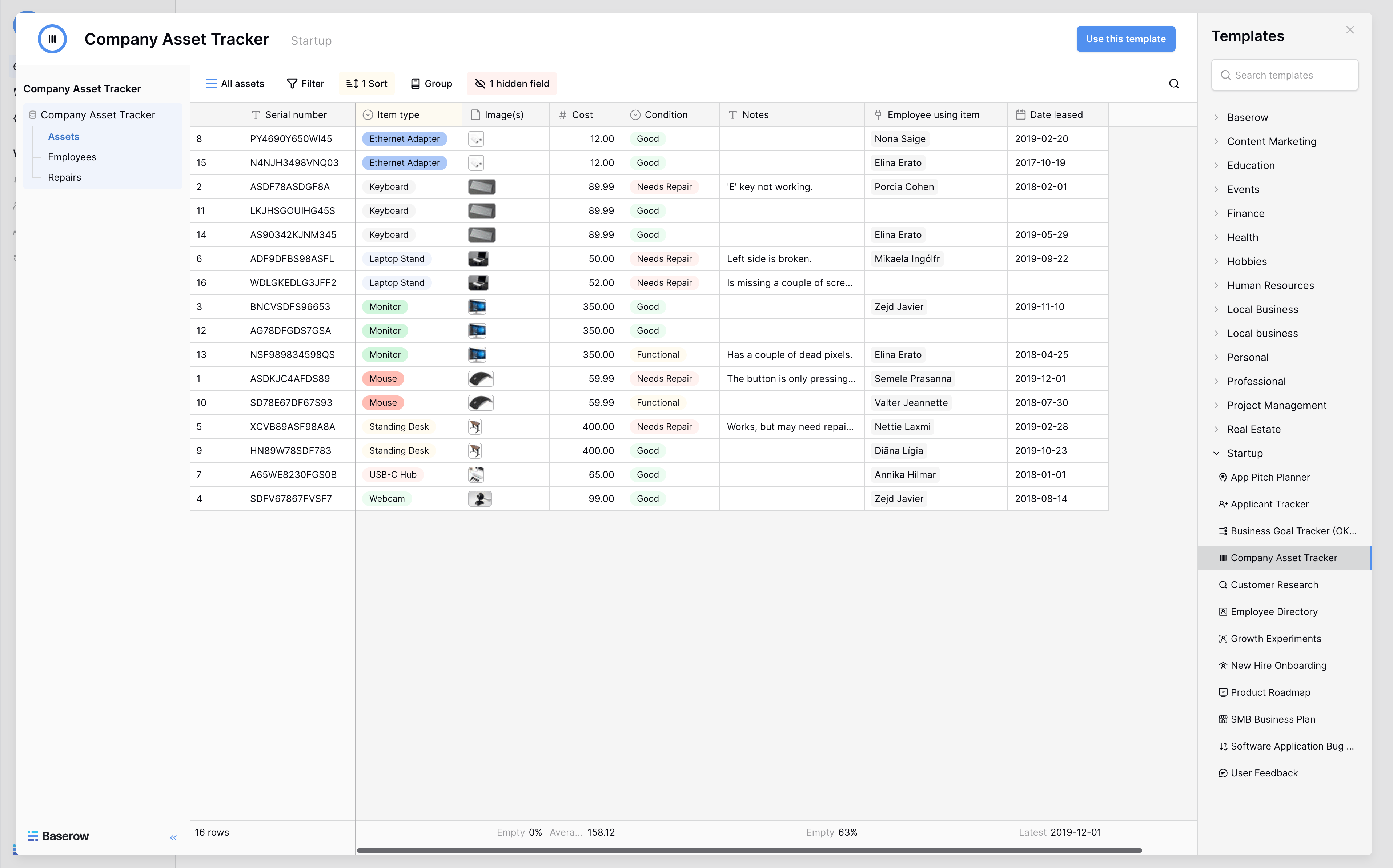Baserow company asset tracker